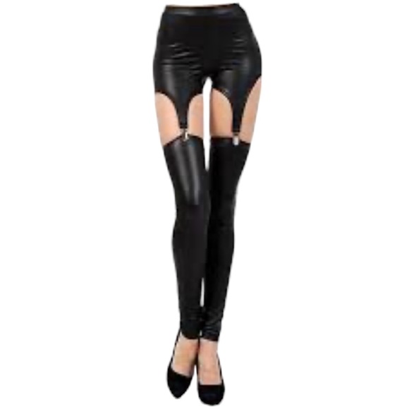 Leg Avenue Wet Look Faux Leather Fetish Biker Gothic Chaps Garter Leggings - Picture 1 of 5